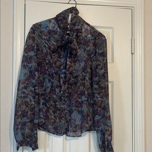 Elegant Sheer Floral Blouse w/neck bow-tie.  Back is gathered at the waist